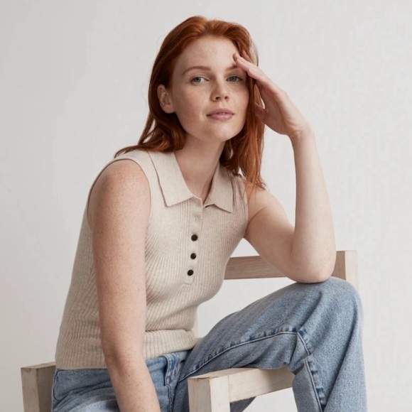 Madewell Tops - Madewell Owen Polo Sweater Tank Heather Sand Size M